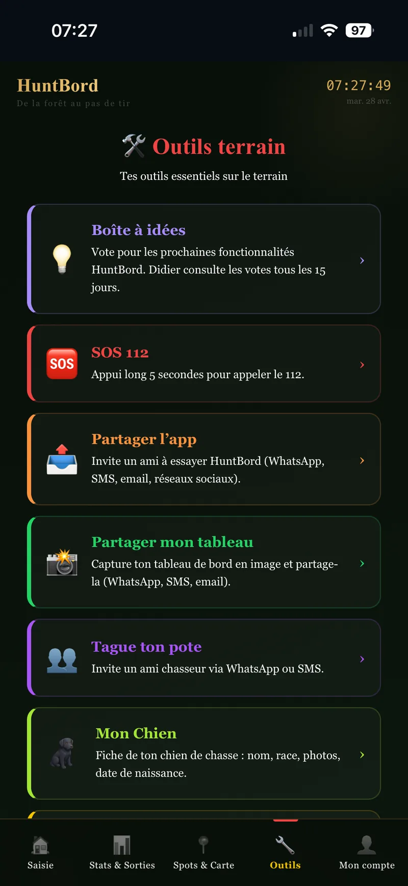 HuntBord — outils terrain : Boîte à idées, SOS 112, Partager l'app, Partager mon tableau, Tague ton pote, Mon Chien