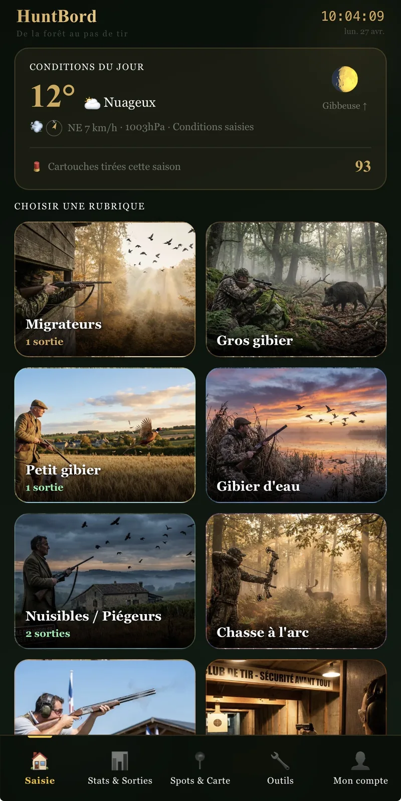 HuntBord — choisir une rubrique parmi les 10 disciplines, météo et lune en temps réel