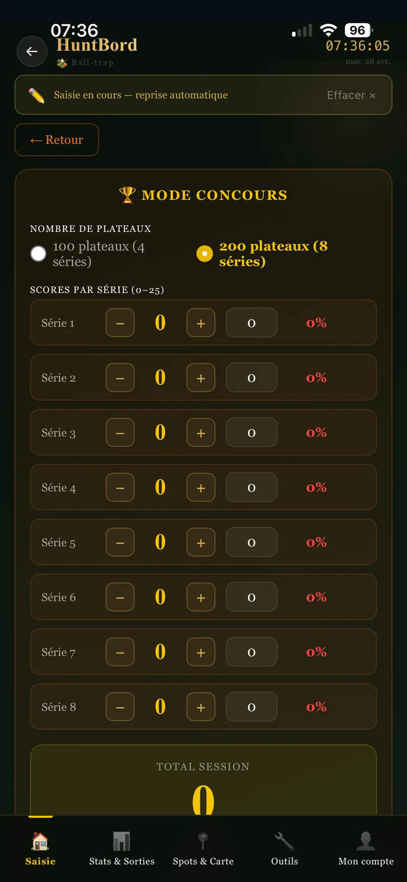 HuntBord — mode concours ball-trap, 200 plateaux, 8 séries, total session calculé en direct