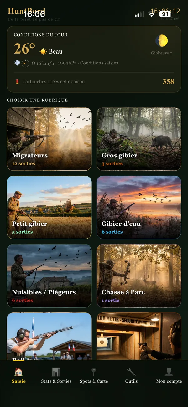 HuntBord accueil sur iPhone — carnet de chasse numérique